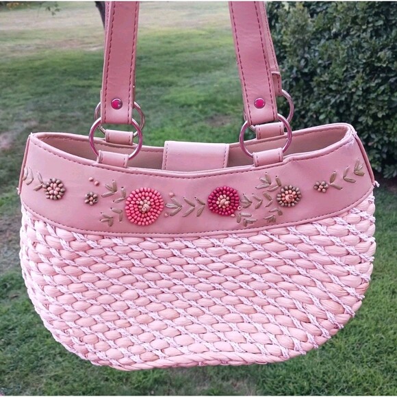 VTG Woven Natural Straw Handbag Wood Beaded Floral Summer Double Handle Bag Avon - Picture 2 of 7